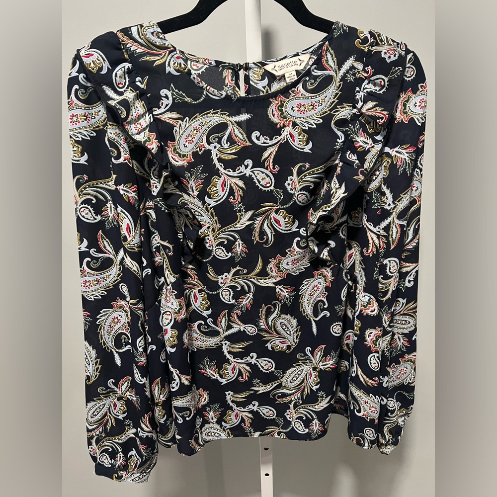Nanette Lepore Navy Paisley Print Ruffle Long Sleeve Blouse Size Medium
